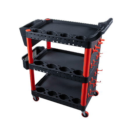 Пластиковый стол тележка на колесиках с одной боковой стенкой и двумя ведрами. Место полировщика Au-2109