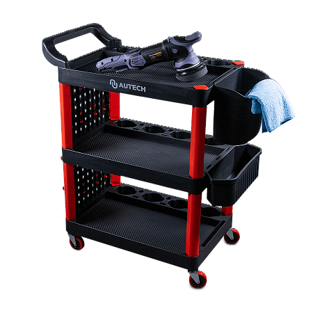 Пластиковый стол тележка на колесиках с одной боковой стенкой и двумя ведрами. Место полировщика Au-2109