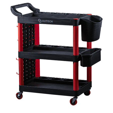 Пластиковый стол тележка на колесиках с одной боковой стенкой и двумя ведрами. Место полировщика Au-2109